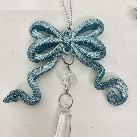 Blue & Silver Glitter Bow Faux Crystal Feminine Christmas Ornaments Set New - Picture 2 of 8